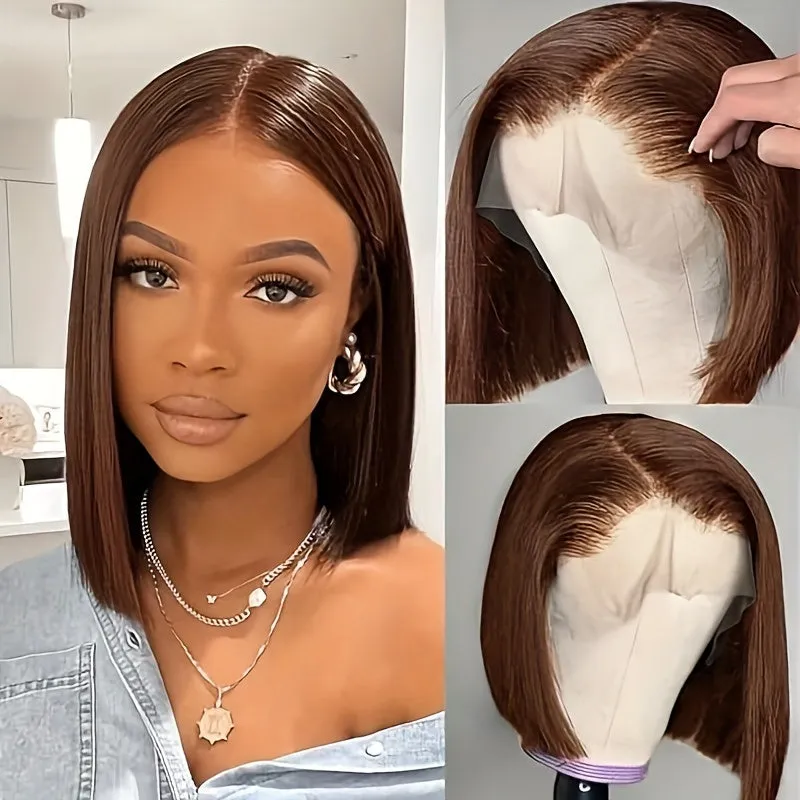 13X4 Straight #4 Brown Bob Wig Human Hair Wear Human Hair Lace Frontal Wigs Pre Plucked With Baby Hair Transparent Blunt Cut Brown Bob Lace Front Wigs For Women