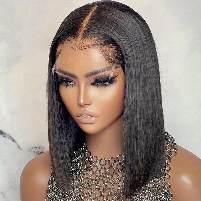 180% 4x4 Human Hair Wig Straight Bob Wig Human Hair Lace Front Wigs 180 Density 4x4 HD Transparent Lace Closure Bob Wig Brazilian Virgin Human Hair Pre Plucked Short Bob Wigs Straight Hair Natural Color