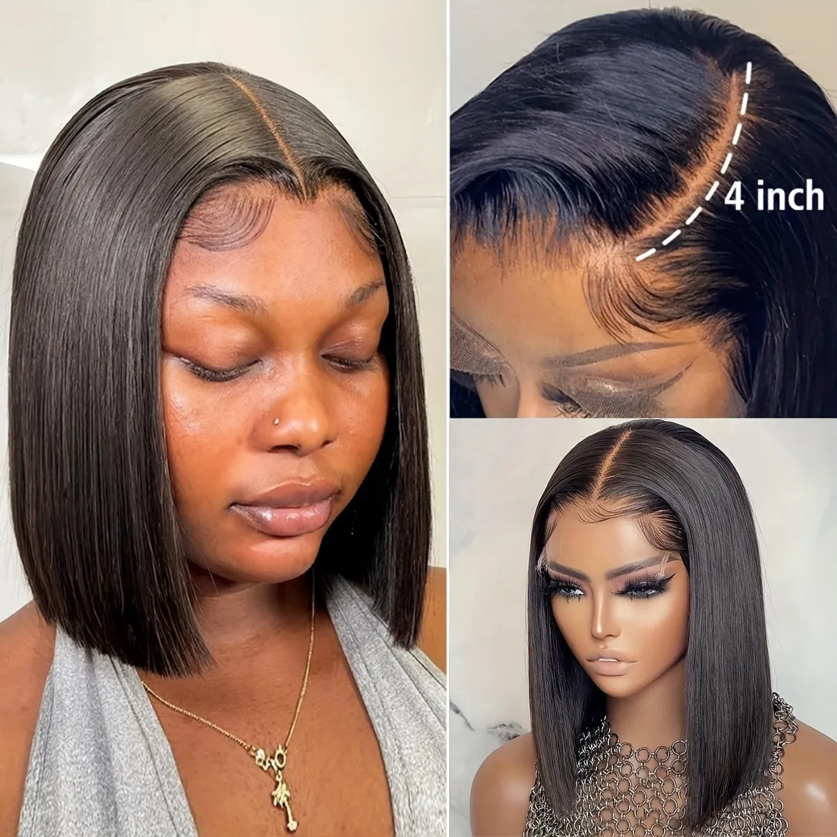 180% 4x4 Human Hair Wig Straight Bob Wig Human Hair Lace Front Wigs 180 Density 4x4 HD Transparent Lace Closure Bob Wig Brazilian Virgin Human Hair Pre Plucked Short Bob Wigs Straight Hair Natural Color