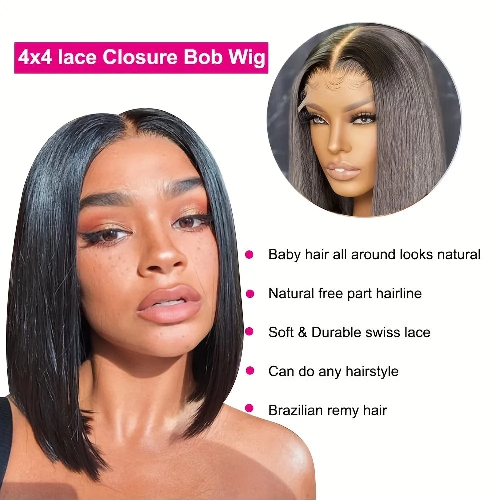 180% 4x4 Human Hair Wig Straight Bob Wig Human Hair Lace Front Wigs 180 Density 4x4 HD Transparent Lace Closure Bob Wig Brazilian Virgin Human Hair Pre Plucked Short Bob Wigs Straight Hair Natural Color