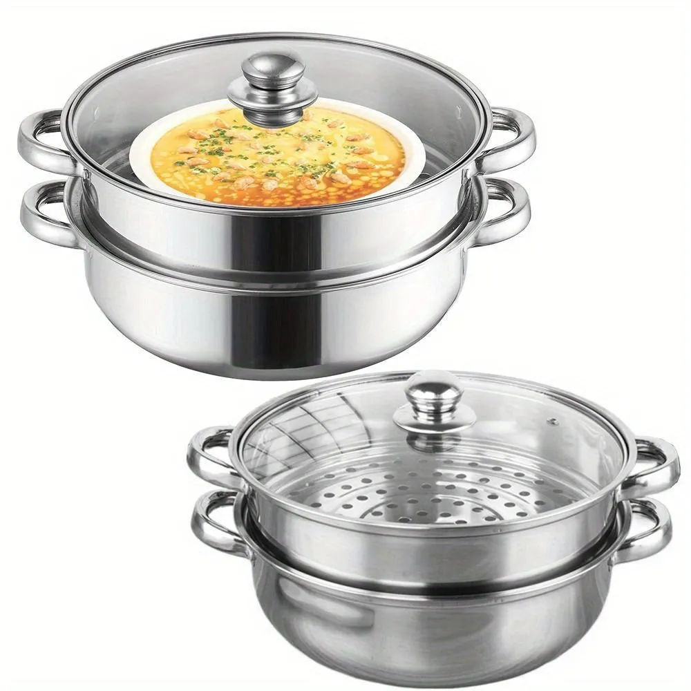 3-Tier Stackable Stainless Steel Multipot Set - Premium Cookware for Vegetable & Pasta Steaming, Double Handle, Glass Lid, Transparent Double Boiler Stock Pot for Healthy Cooking