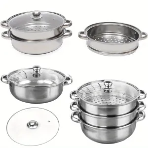 3-Tier Stackable Stainless Steel Multipot Set - Premium Cookware for Vegetable & Pasta Steaming, Double Handle, Glass Lid, Transparent Double Boiler Stock Pot for Healthy Cooking