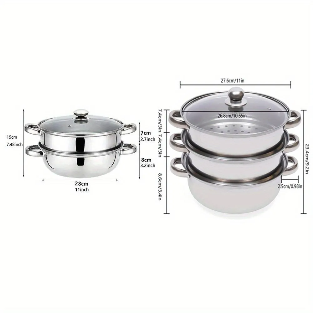 3-Tier Stackable Stainless Steel Multipot Set - Premium Cookware for Vegetable & Pasta Steaming, Double Handle, Glass Lid, Transparent Double Boiler Stock Pot for Healthy Cooking