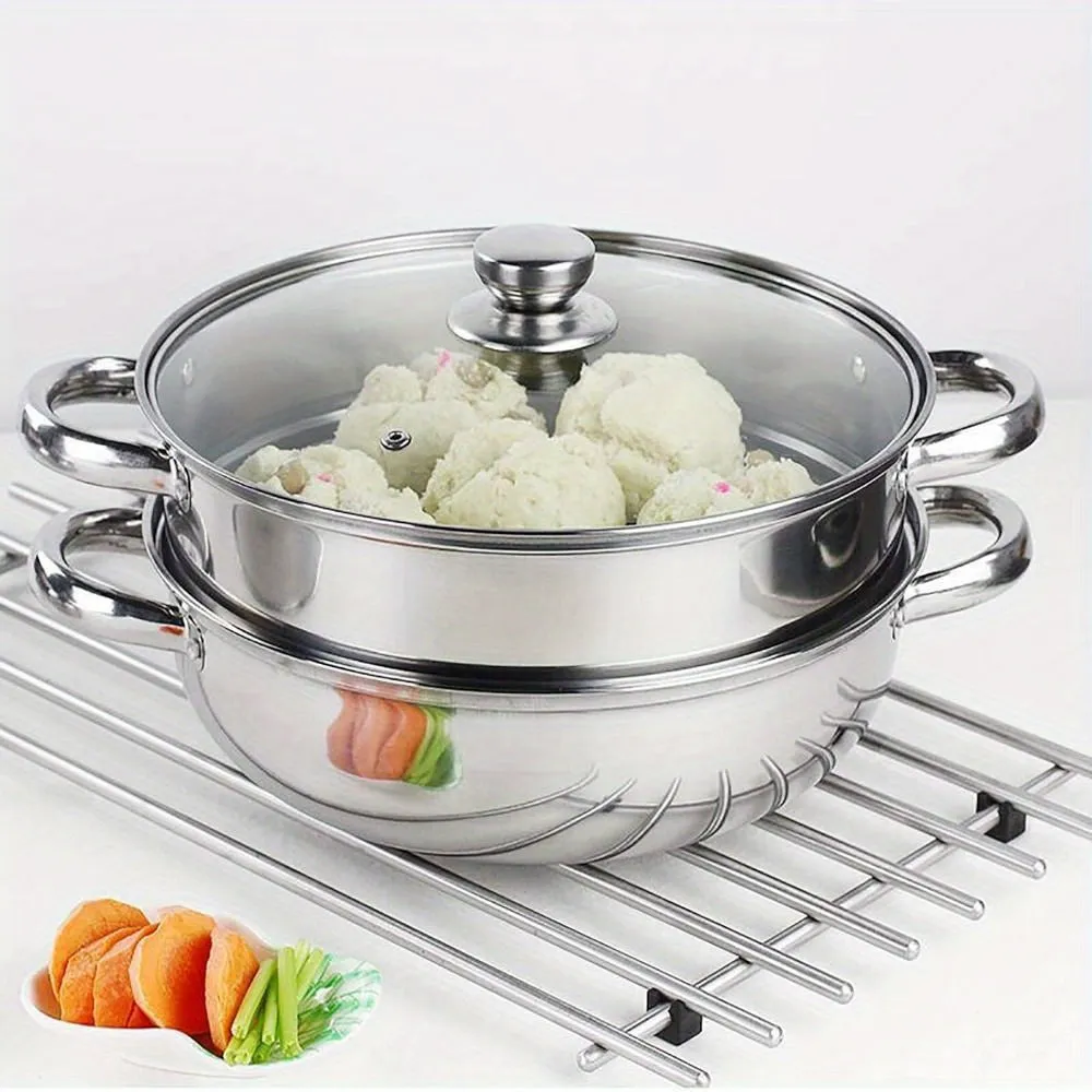 3-Tier Stackable Stainless Steel Multipot Set - Premium Cookware for Vegetable & Pasta Steaming, Double Handle, Glass Lid, Transparent Double Boiler Stock Pot for Healthy Cooking