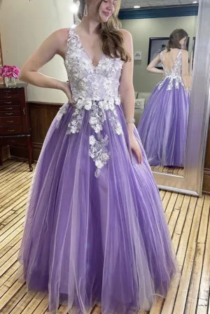 A-line Purple Prom Dresses Handmake Flowers Formal Evening Dresses