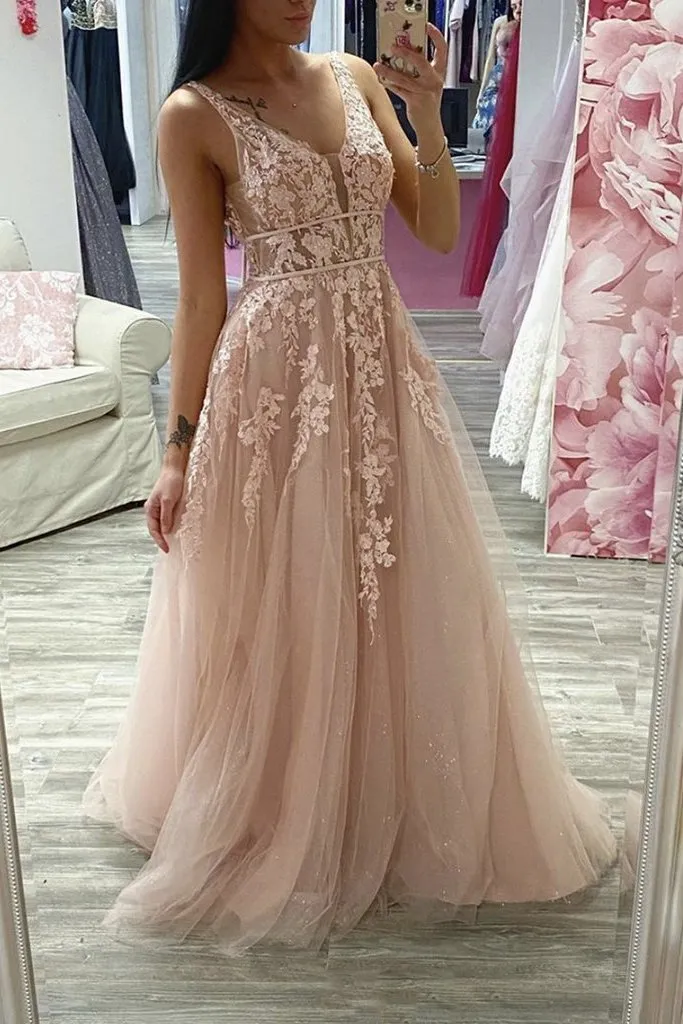 A-line Tulle Lace Appliques Formal Dress Long Sparkle Prom Evening Dresses