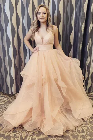 A-line V-neck Long Backless Prom Dresses,Formal Dresses Tulle Sweet 16 Dress With Ruffles