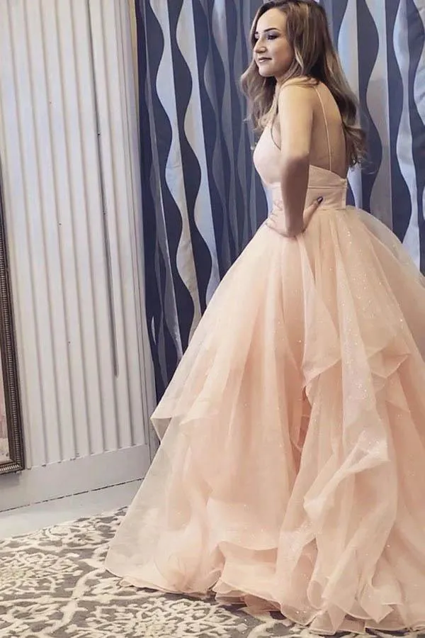 A-line V-neck Long Backless Prom Dresses,Formal Dresses Tulle Sweet 16 Dress With Ruffles