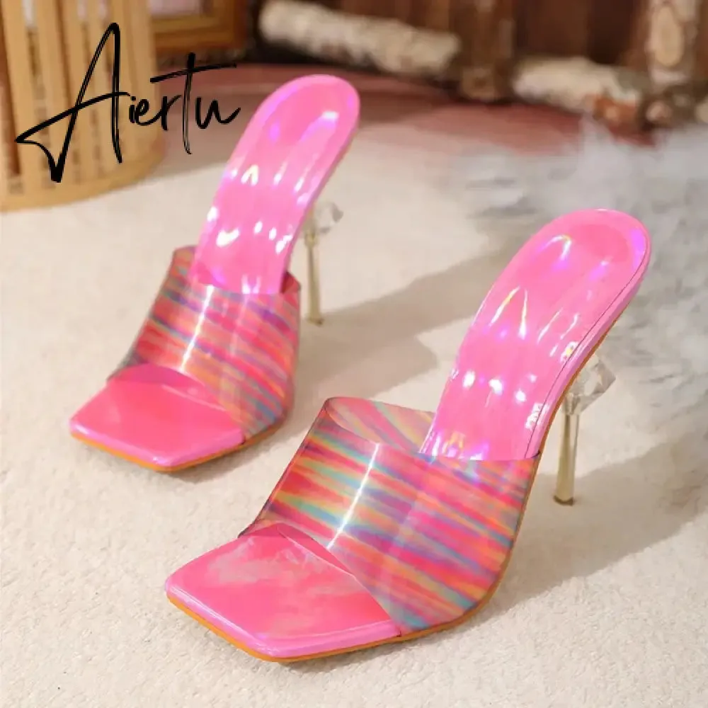 Aiertu Candy Color PVC Transparent Slippers for Women Sexy Square Toe Strange High Heels Sandals Summer Fashion Party Dress Shoes Slide