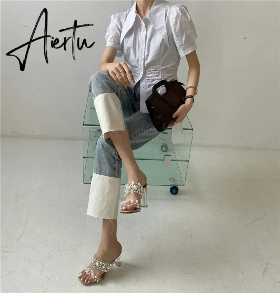 Aiertu New Transparent PVC String Bead Shoes Woman Fashion Open Toe Slippers Crystal Perspex Heels Slides Beach Sandale Femme