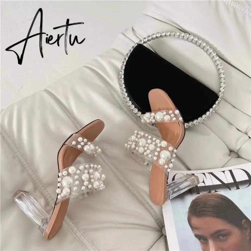 Aiertu New Transparent PVC String Bead Shoes Woman Fashion Open Toe Slippers Crystal Perspex Heels Slides Beach Sandale Femme