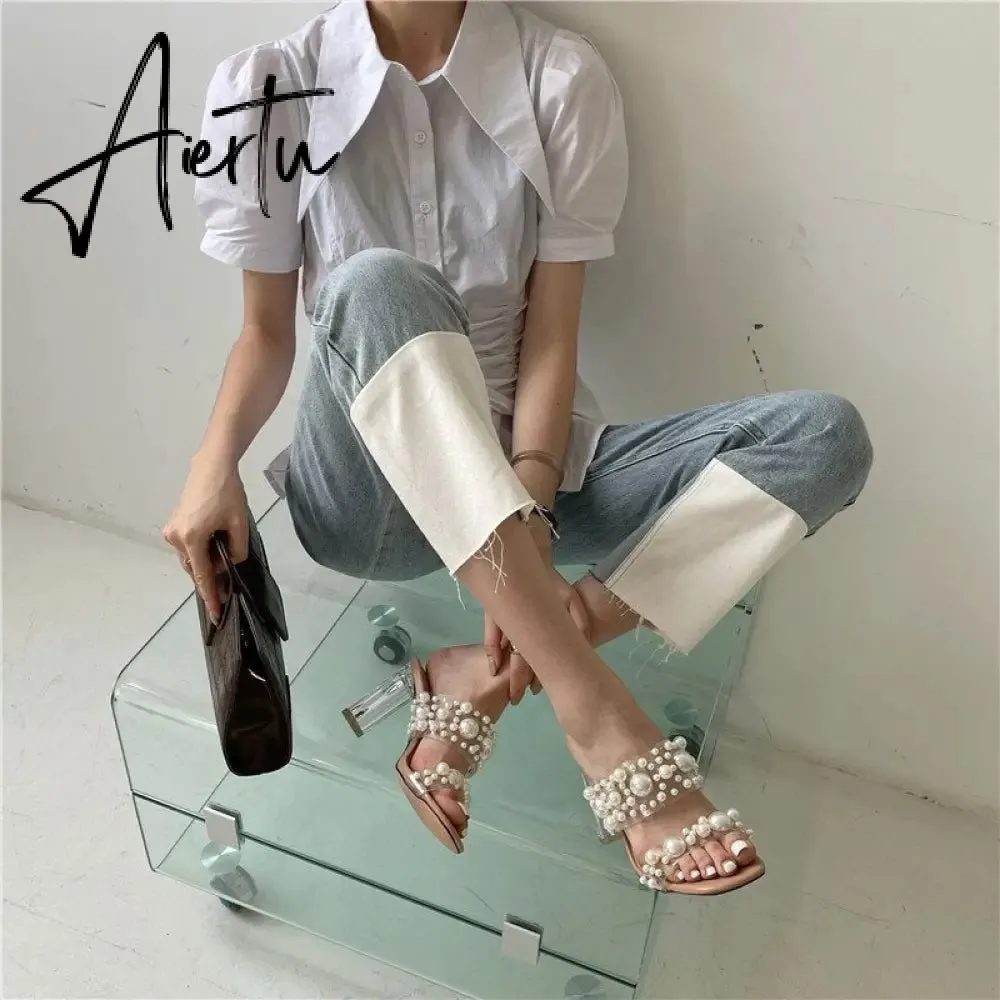 Aiertu New Transparent PVC String Bead Shoes Woman Fashion Open Toe Slippers Crystal Perspex Heels Slides Beach Sandale Femme