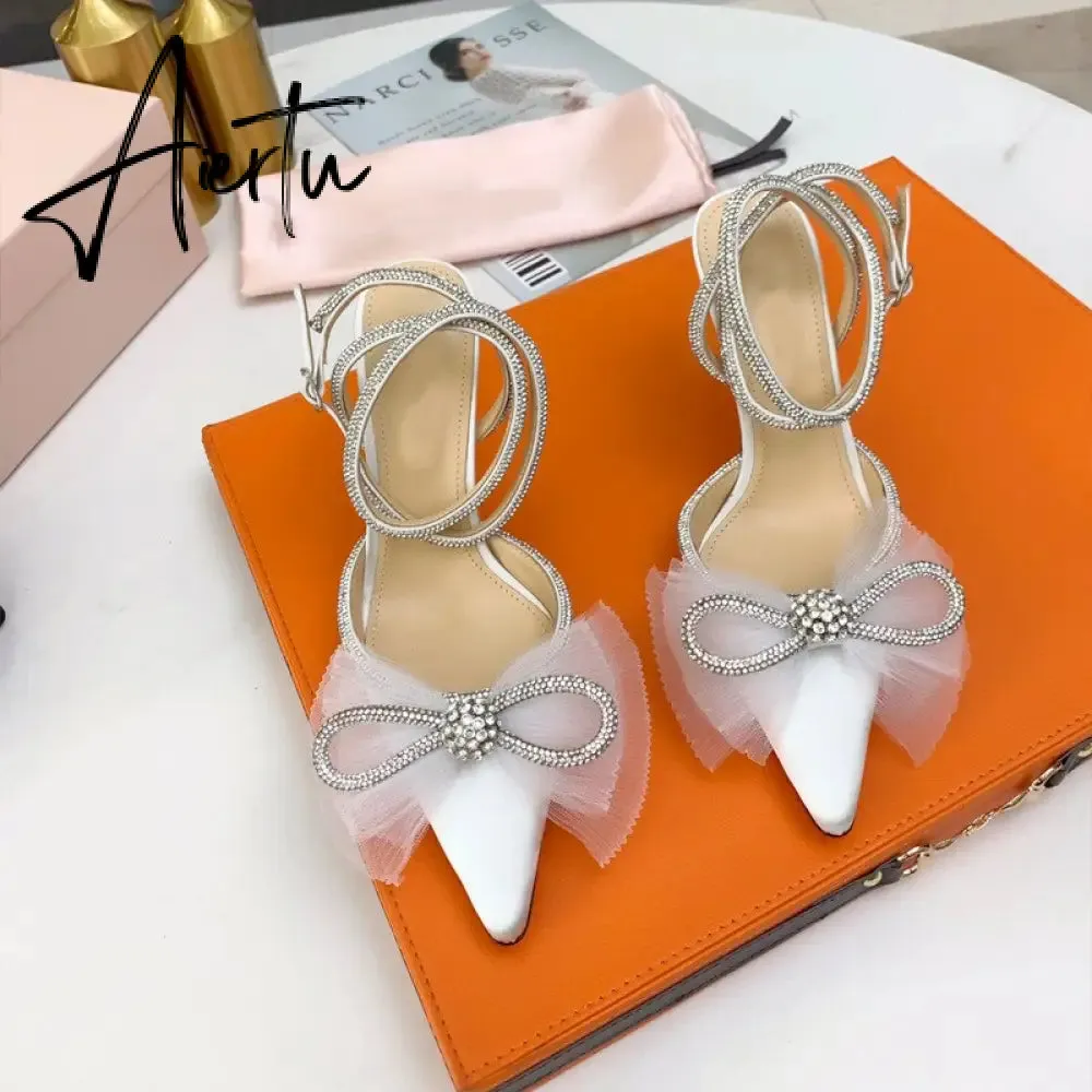 Aiertu New Women Sandals Fashion big bowknot High heels Wedding Party Shoes Luxury Crystal Satin Ankle strap Summer Bridal Shoes