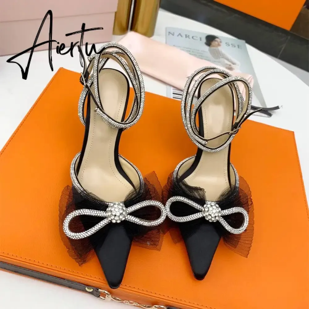 Aiertu New Women Sandals Fashion big bowknot High heels Wedding Party Shoes Luxury Crystal Satin Ankle strap Summer Bridal Shoes