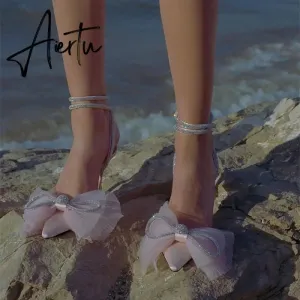 Aiertu New Women Sandals Fashion big bowknot High heels Wedding Party Shoes Luxury Crystal Satin Ankle strap Summer Bridal Shoes