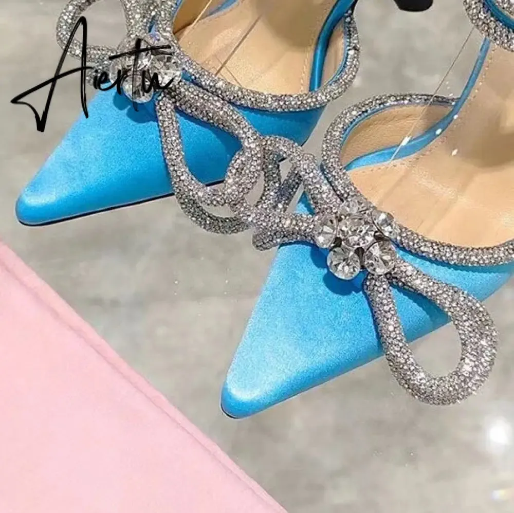 Aiertu New Women Sandals Fashion big bowknot High heels Wedding Party Shoes Luxury Crystal Satin Ankle strap Summer Bridal Shoes