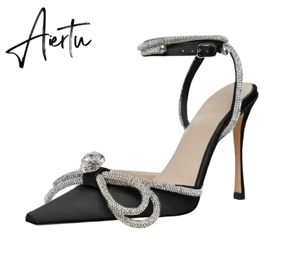 Aiertu New Women Sandals Fashion big bowknot High heels Wedding Party Shoes Luxury Crystal Satin Ankle strap Summer Bridal Shoes