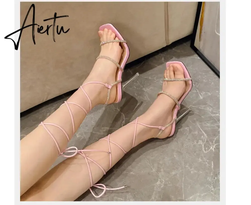 Aiertu Sexy Ankle Lace-up Square Toe Sandals Woman Summer Crystal Buckle Strap Transparent High Heels Stripper Shoes