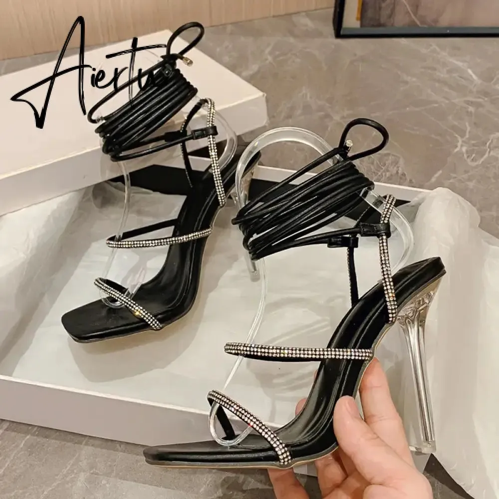 Aiertu Sexy Ankle Lace-up Square Toe Sandals Woman Summer Crystal Buckle Strap Transparent High Heels Stripper Shoes