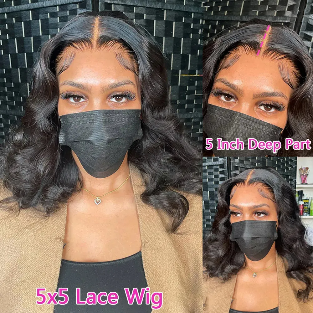 Body Wave Bob Wig Brazilian Transparent Lace Frontal Wig Brazilian Human Hair Wigs Virgin Remy Hair 5x5 Lace Closure Wig 180% Density