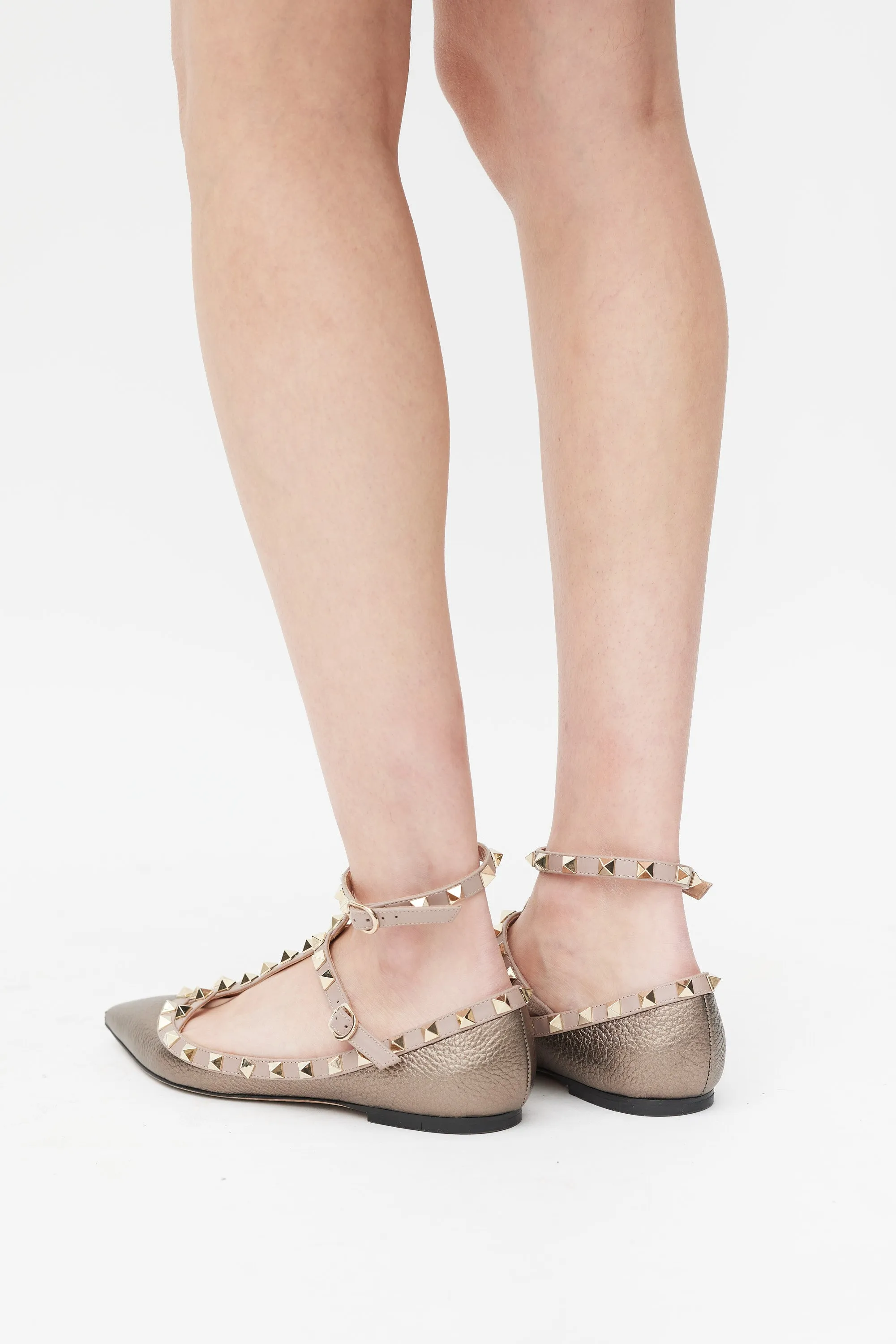 Brown & Pink Metallic Leather Rockstud Caged Ballet Flat