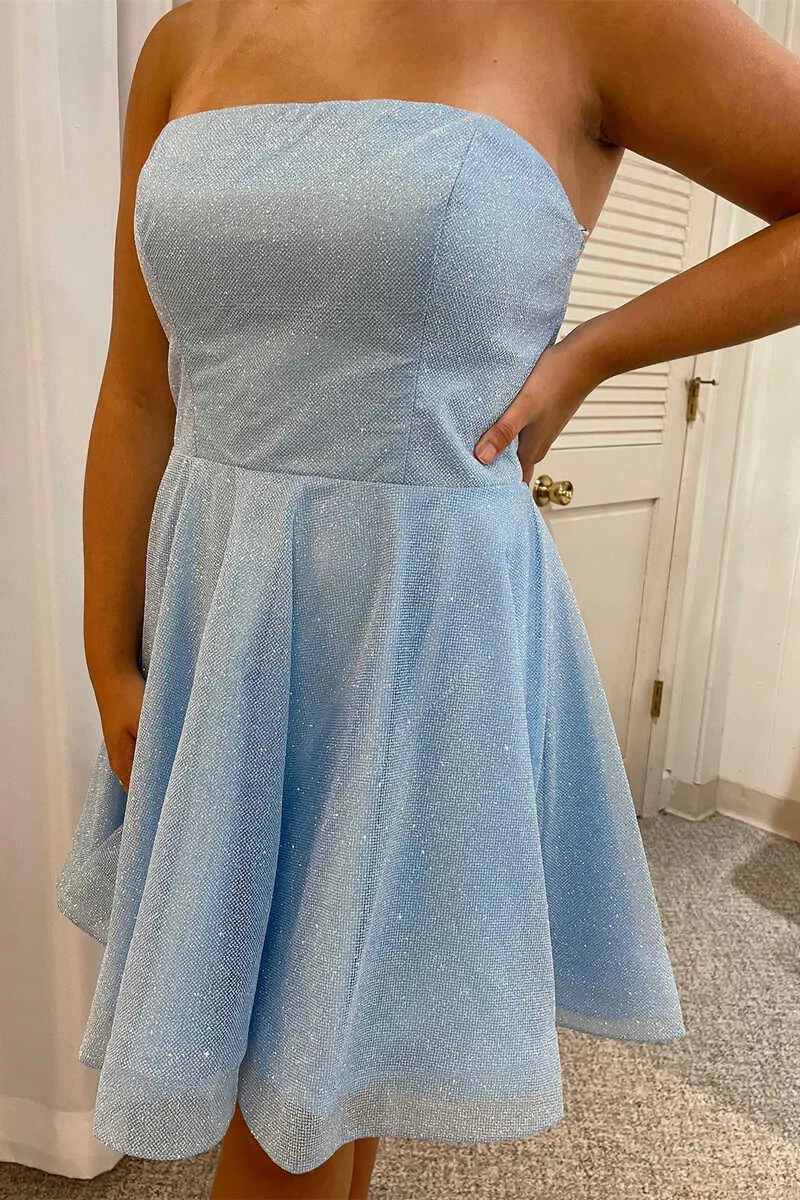 Cute Light Blue Strapless A-Line Short Homecoming Cocktail Dresses