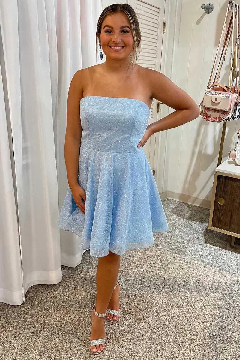 Cute Light Blue Strapless A-Line Short Homecoming Cocktail Dresses