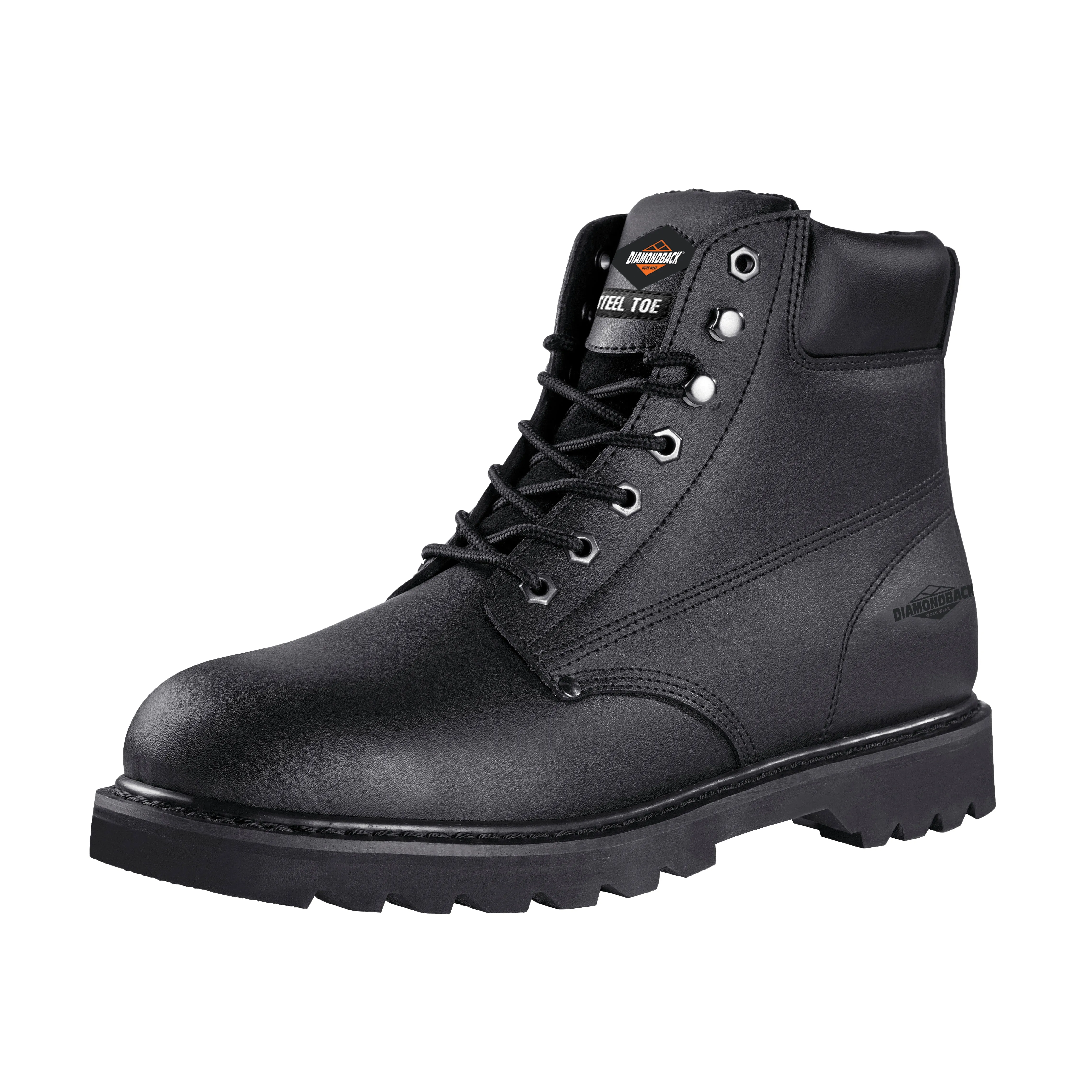 Diamondback Work Boots, 7.5, Medium W, Black, Leather Upper, Lace-Up, Steel Toe, With Lining