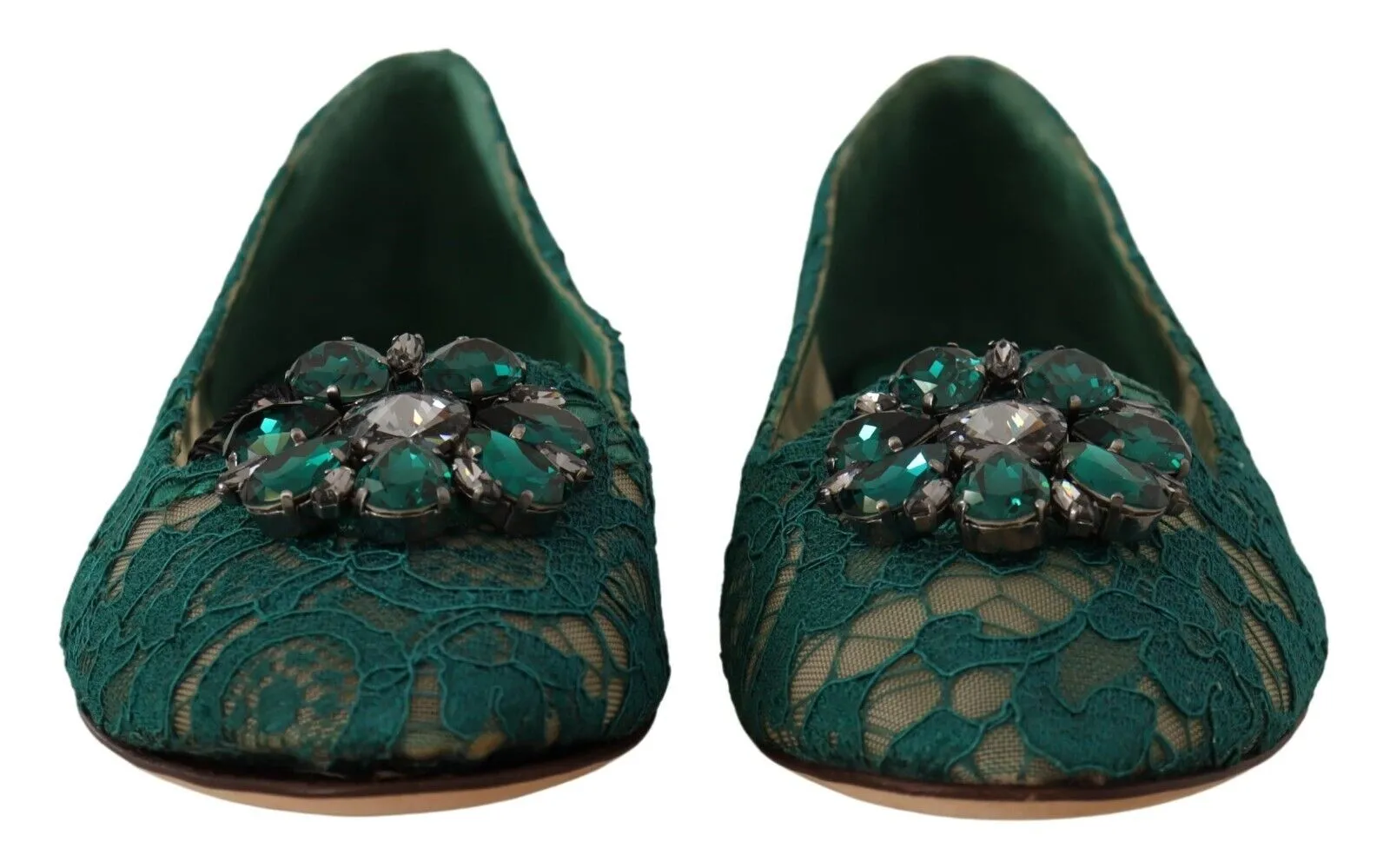 Dolce & Gabbana Green Lace Crystal Ballet Flats Loafers Shoes