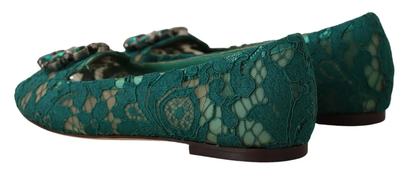 Dolce & Gabbana Green Lace Crystal Ballet Flats Loafers Shoes