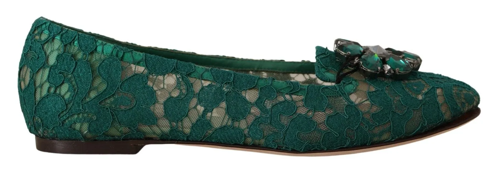 Dolce & Gabbana Green Lace Crystal Ballet Flats Loafers Shoes