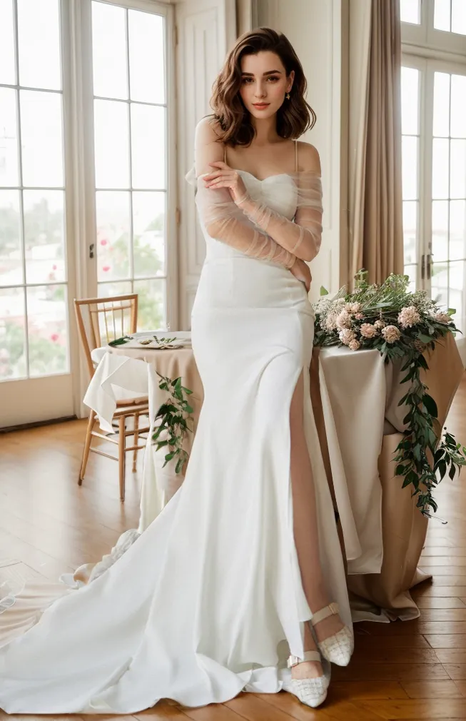 Elegant off-the-shoulder tulle long sleeves stretchy fit and flare Satin wedding dress