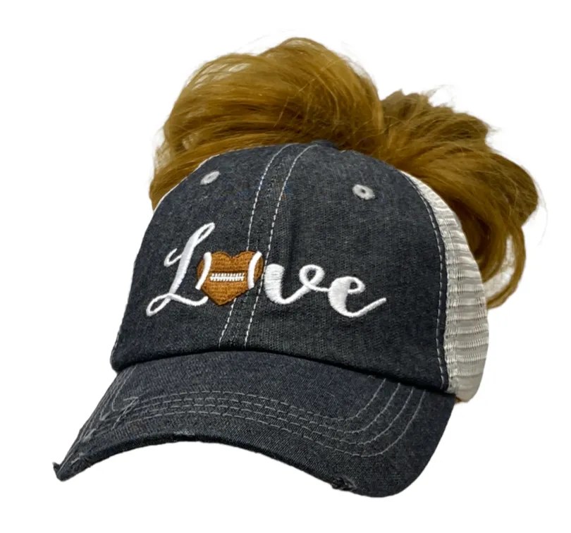 Football Love Football Mom MESSY BUN HIGH PONYTAIL Grandma Embroidered Hat Baseball Football -289