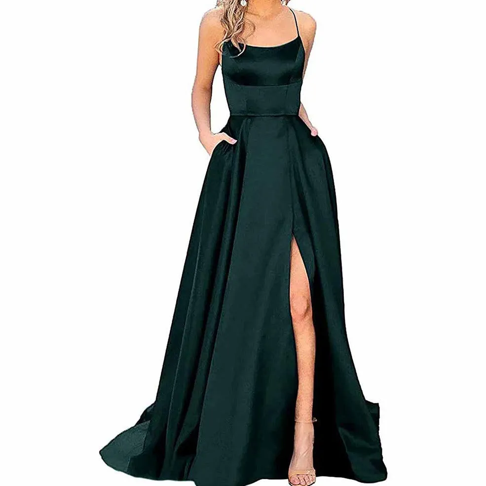 Halter Satin Bridesmaid Dress Long Side Spilt Backless Satin Formal Prom Evening Gowns