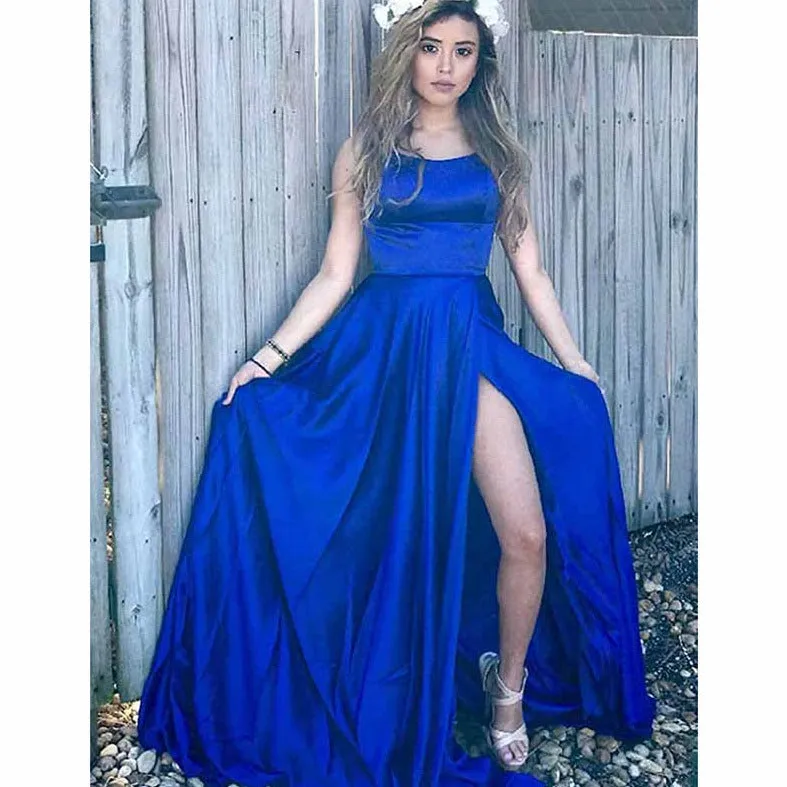 Halter Satin Bridesmaid Dress Long Side Spilt Backless Satin Formal Prom Evening Gowns