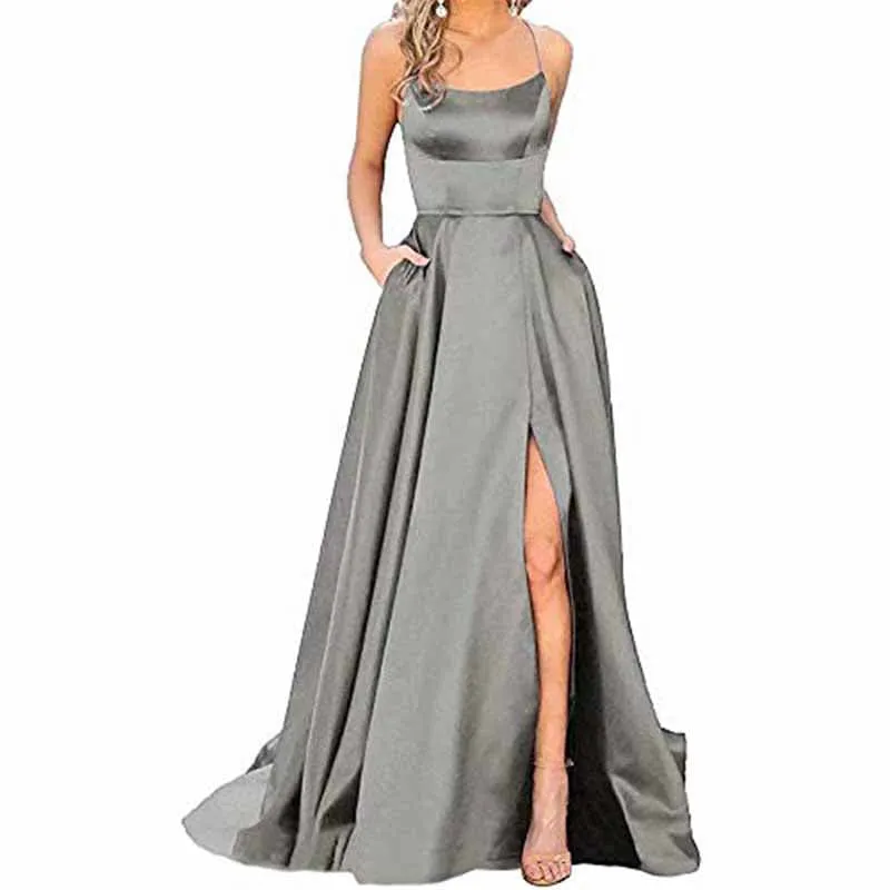 Halter Satin Bridesmaid Dress Long Side Spilt Backless Satin Formal Prom Evening Gowns