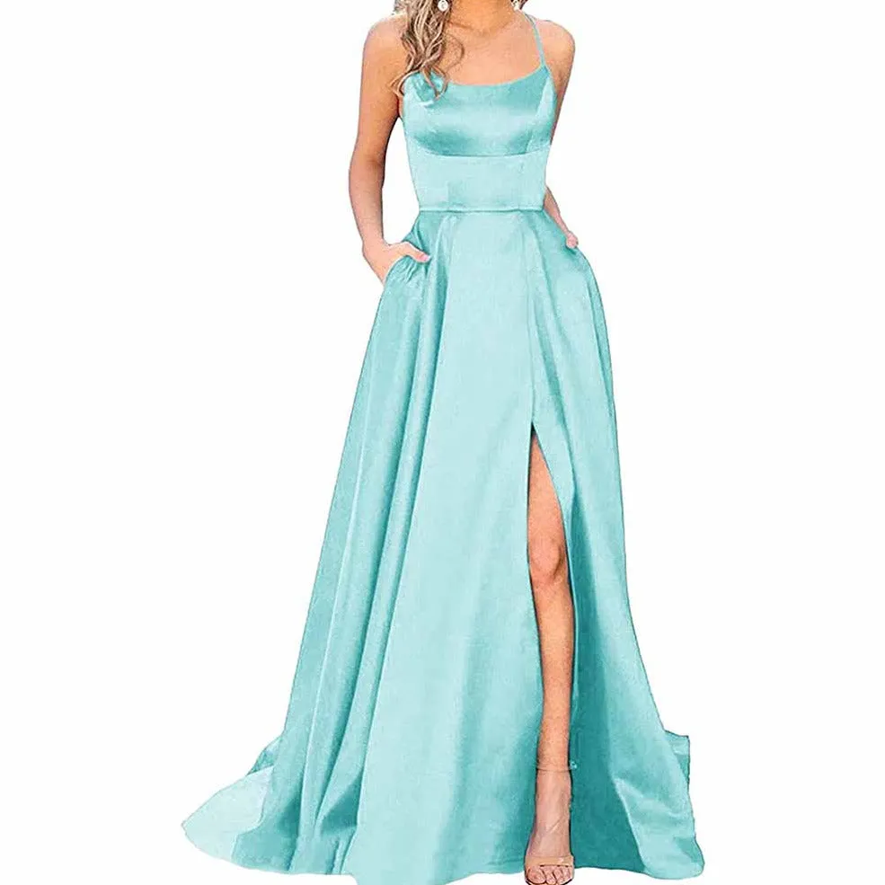 Halter Satin Bridesmaid Dress Long Side Spilt Backless Satin Formal Prom Evening Gowns