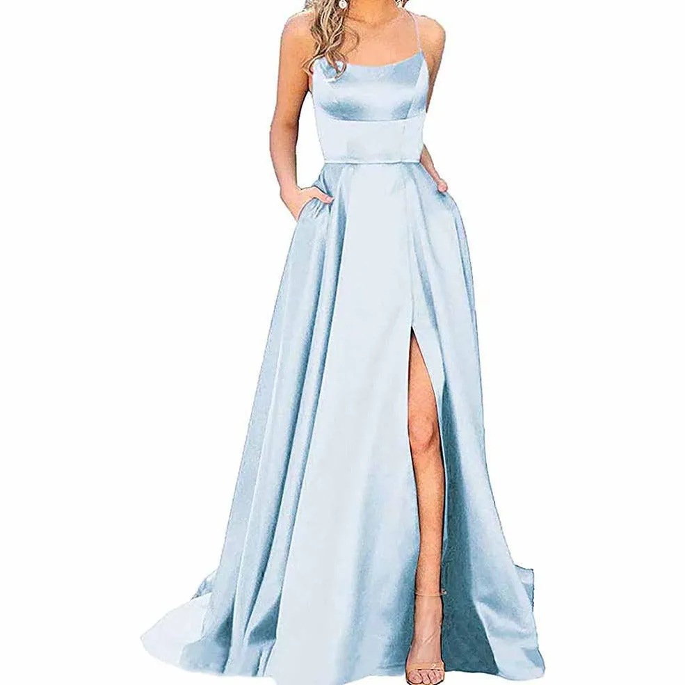 Halter Satin Bridesmaid Dress Long Side Spilt Backless Satin Formal Prom Evening Gowns