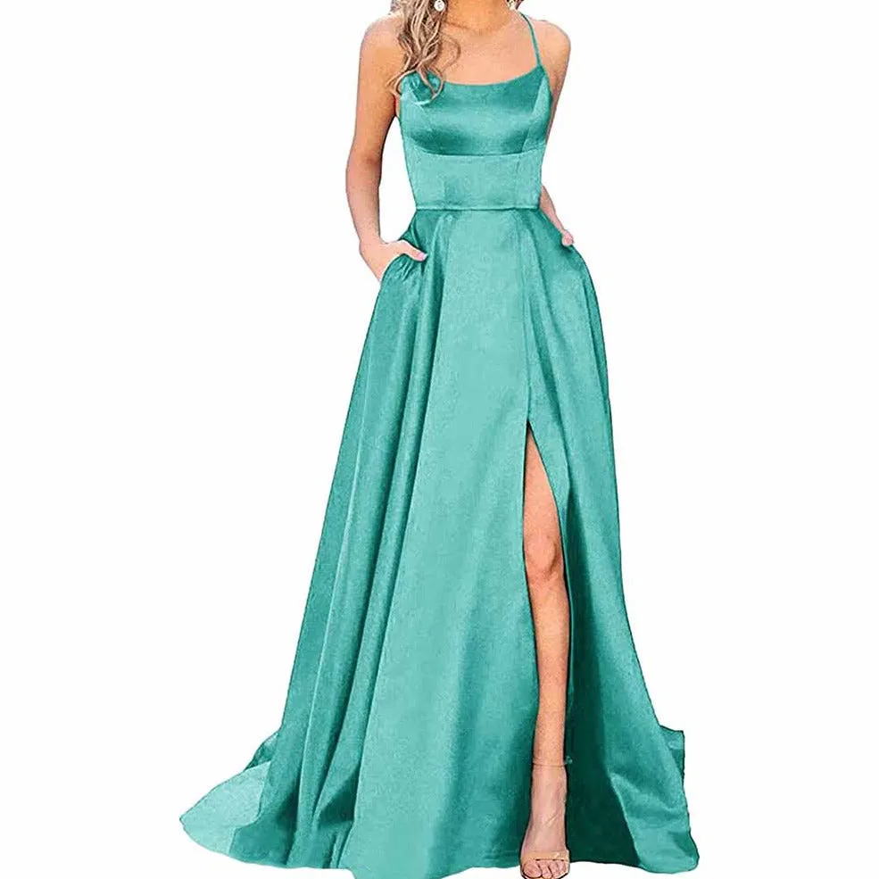 Halter Satin Bridesmaid Dress Long Side Spilt Backless Satin Formal Prom Evening Gowns