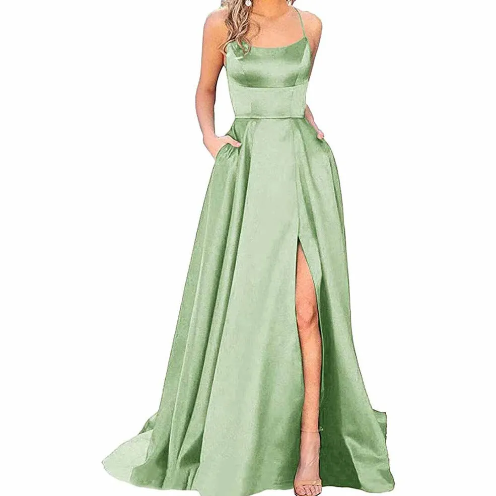 Halter Satin Bridesmaid Dress Long Side Spilt Backless Satin Formal Prom Evening Gowns