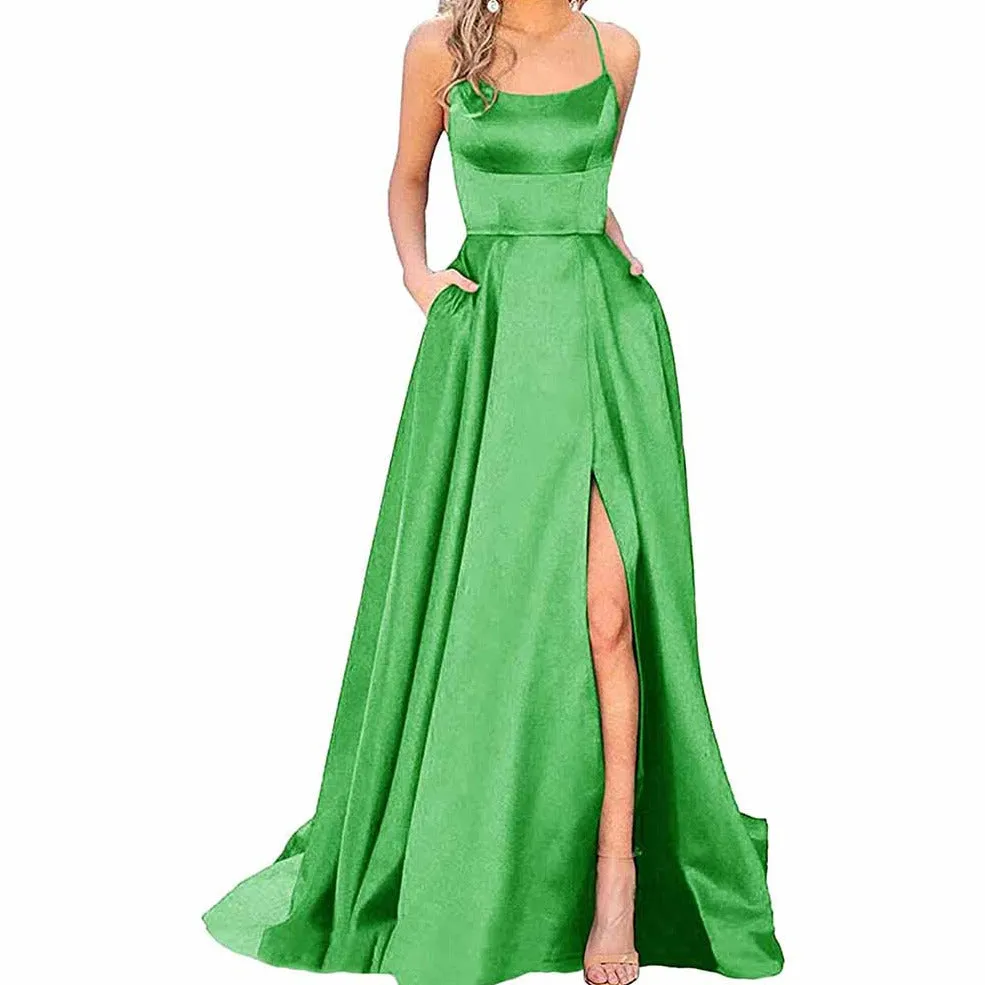 Halter Satin Bridesmaid Dress Long Side Spilt Backless Satin Formal Prom Evening Gowns