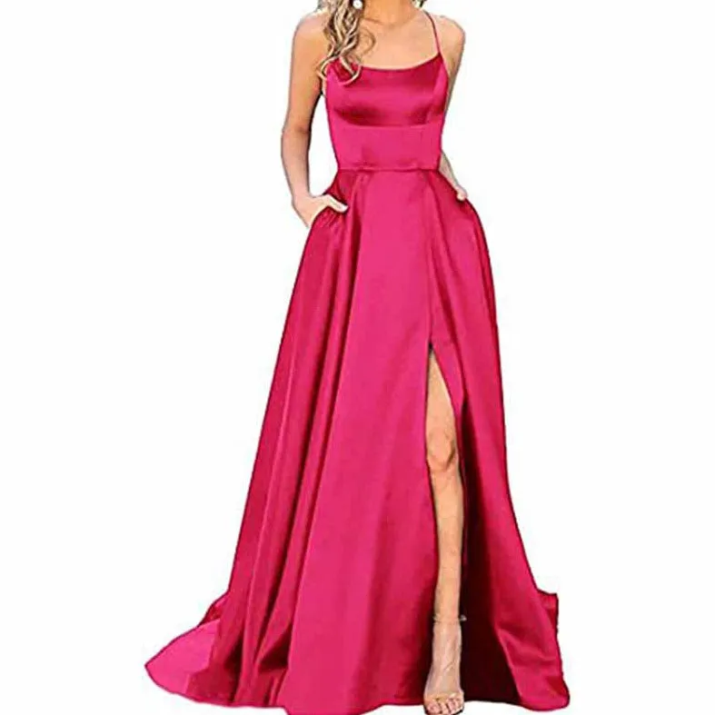 Halter Satin Bridesmaid Dress Long Side Spilt Backless Satin Formal Prom Evening Gowns