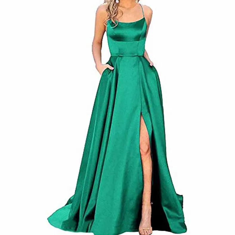 Halter Satin Bridesmaid Dress Long Side Spilt Backless Satin Formal Prom Evening Gowns