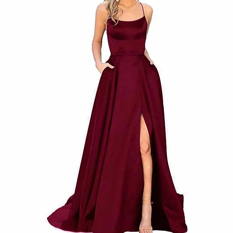 Halter Satin Bridesmaid Dress Long Side Spilt Backless Satin Formal Prom Evening Gowns