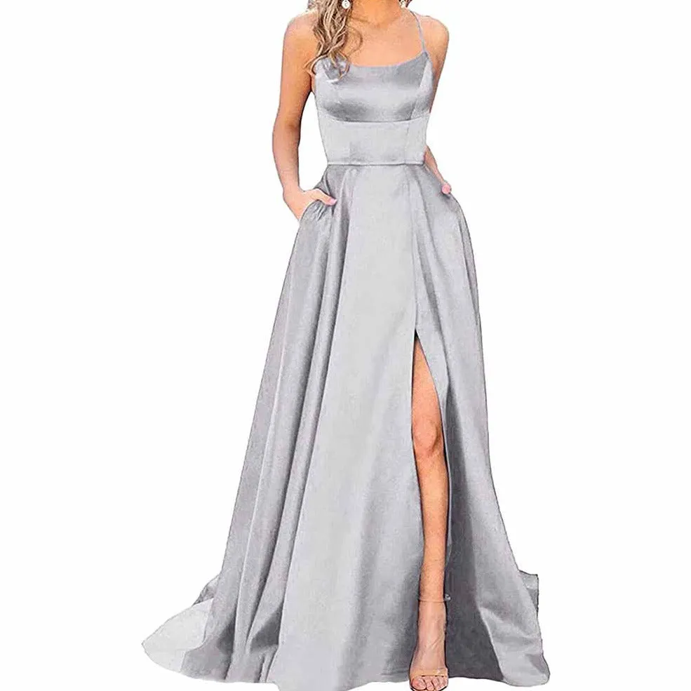 Halter Satin Bridesmaid Dress Long Side Spilt Backless Satin Formal Prom Evening Gowns