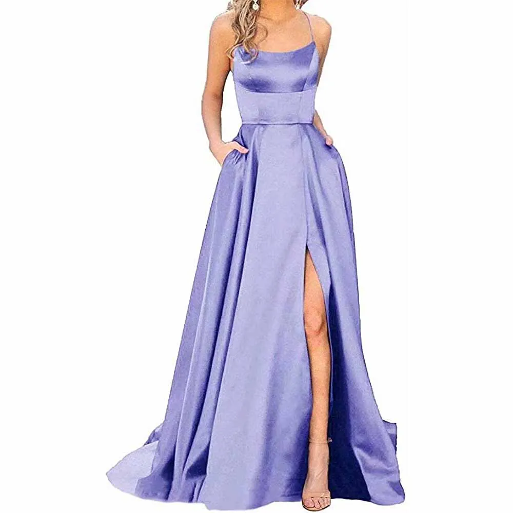 Halter Satin Bridesmaid Dress Long Side Spilt Backless Satin Formal Prom Evening Gowns