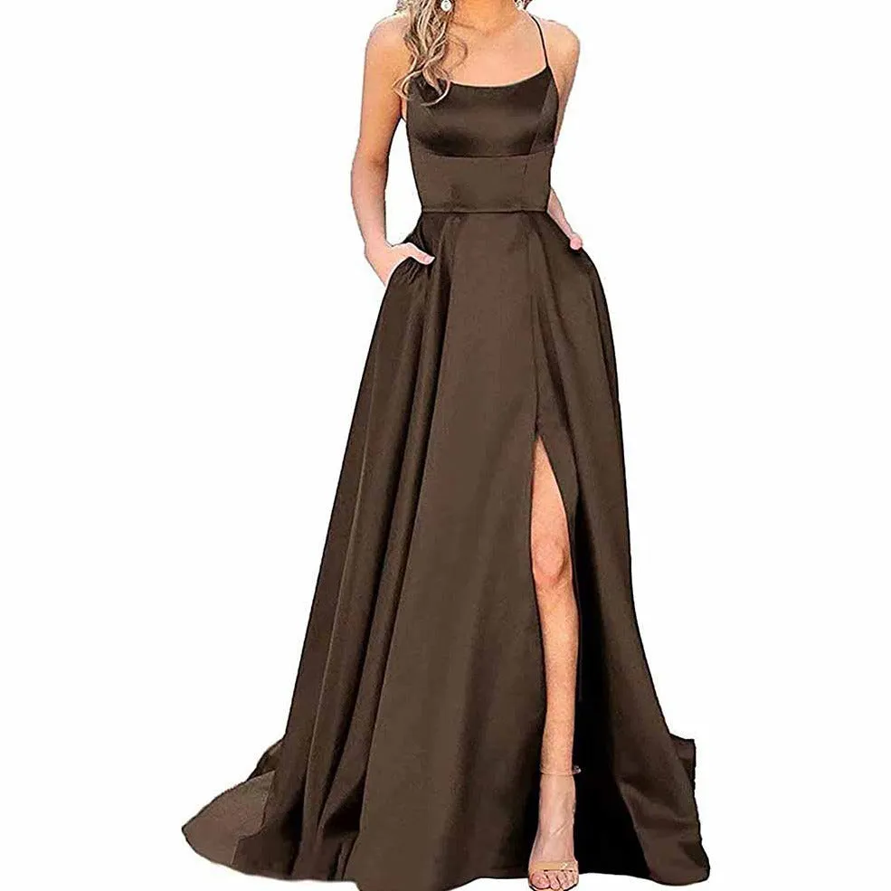 Halter Satin Bridesmaid Dress Long Side Spilt Backless Satin Formal Prom Evening Gowns