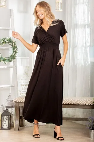 Heimish Ruched Pocketed Surplice Short Sleeve Dress