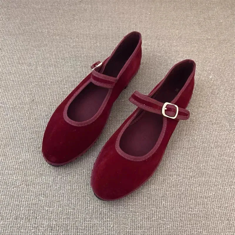 Hnzxzm Velvet Mary Jane Shoes for Women Hand Stitch Casual Streetwear Ballet Flats Pumps Female Solid Color Red Cloth Shoes Loafers