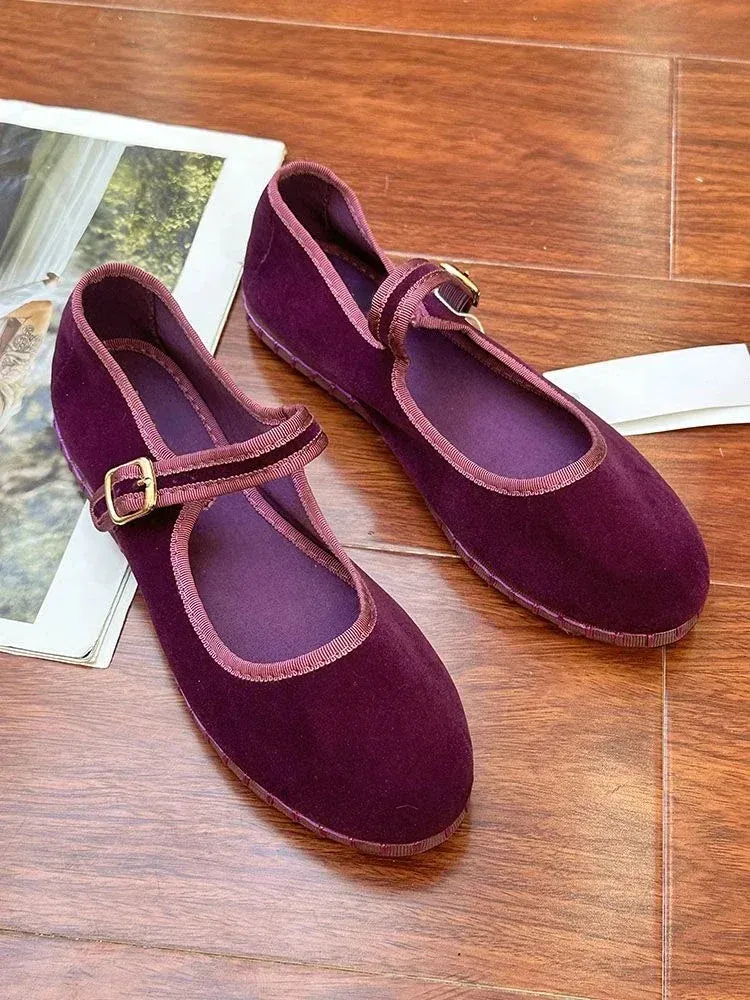 Hnzxzm Velvet Mary Jane Shoes for Women Hand Stitch Casual Streetwear Ballet Flats Pumps Female Solid Color Red Cloth Shoes Loafers